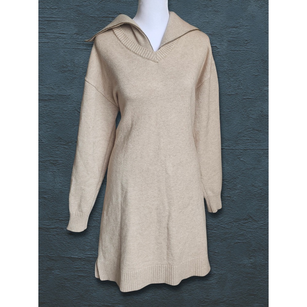 Tristan Women's M Oatmeal Knit Sweater Dress Oversized Convertible Zip Collar